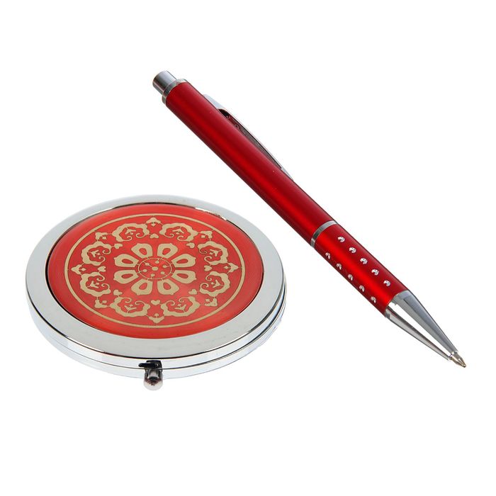 набор подарочный 2в1 в карт.коробке (зеркало с цветами микс +ручка) красный 16*9 см