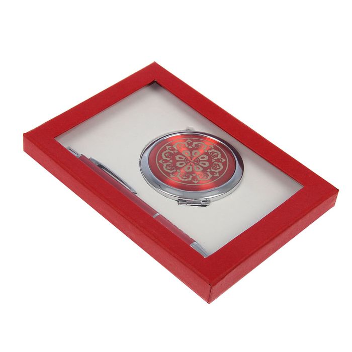 набор подарочный 2в1 в карт.коробке (зеркало с цветами микс +ручка) красный 16*9 см