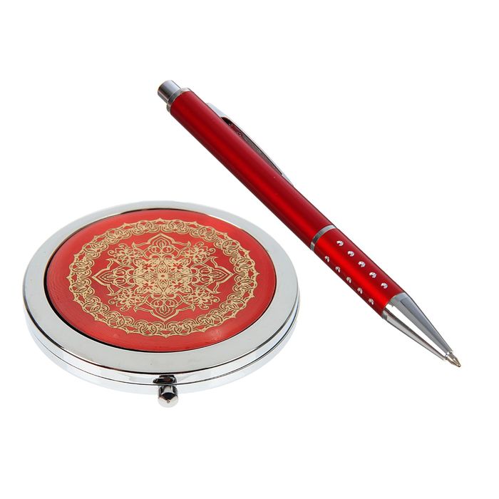 набор подарочный 2в1 в карт.коробке (зеркало с цветами микс +ручка) красный 16*9 см
