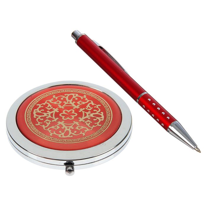 набор подарочный 2в1 в карт.коробке (зеркало с цветами микс +ручка) красный 16*9 см