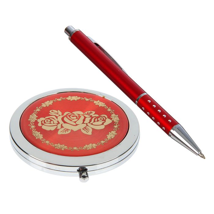 набор подарочный 2в1 в карт.коробке (зеркало с цветами микс +ручка) красный 16*9 см