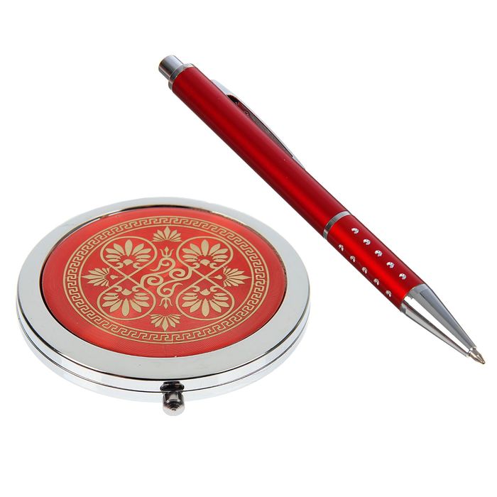 набор подарочный 2в1 в карт.коробке (зеркало с цветами микс +ручка) красный 16*9 см