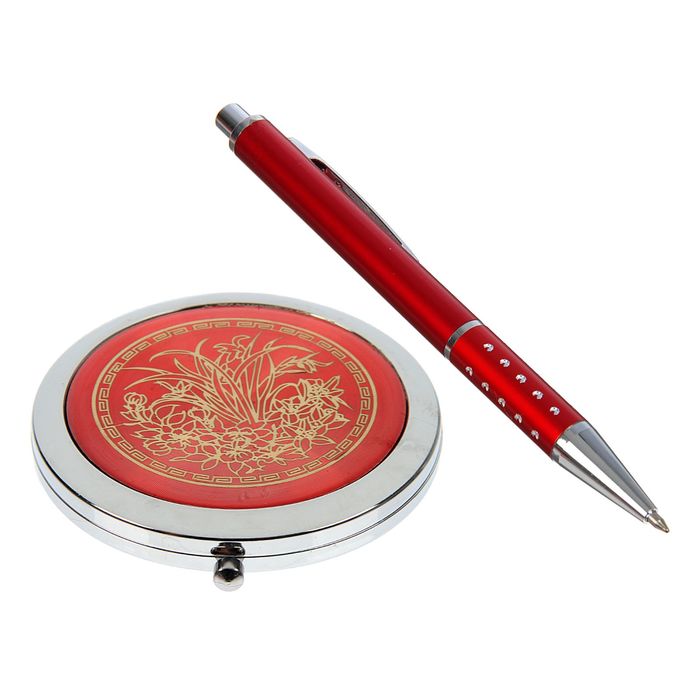 набор подарочный 2в1 в карт.коробке (зеркало с цветами микс +ручка) красный 16*9 см