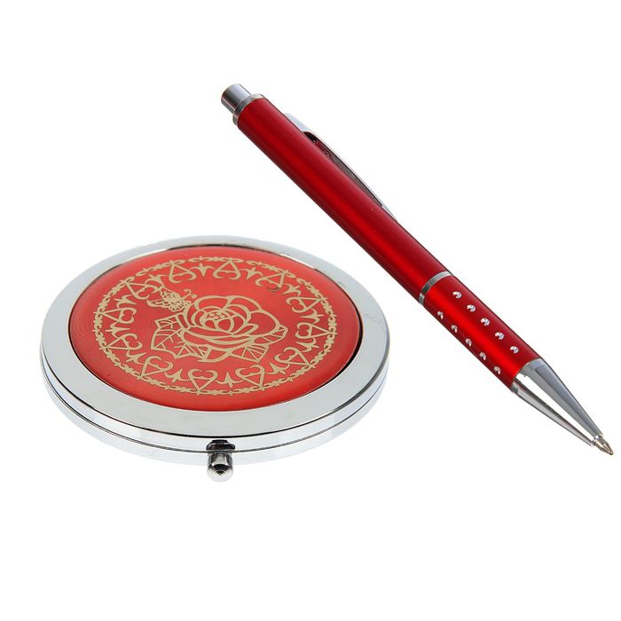 набор подарочный 2в1 в карт.коробке (зеркало с цветами микс +ручка) красный 16*9 см