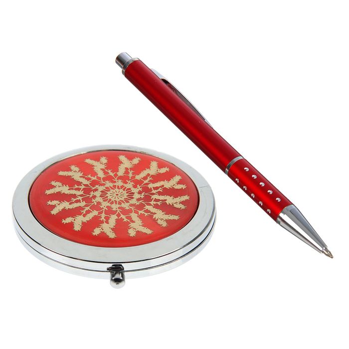 набор подарочный 2в1 в карт.коробке (зеркало с цветами микс +ручка) красный 16*9 см