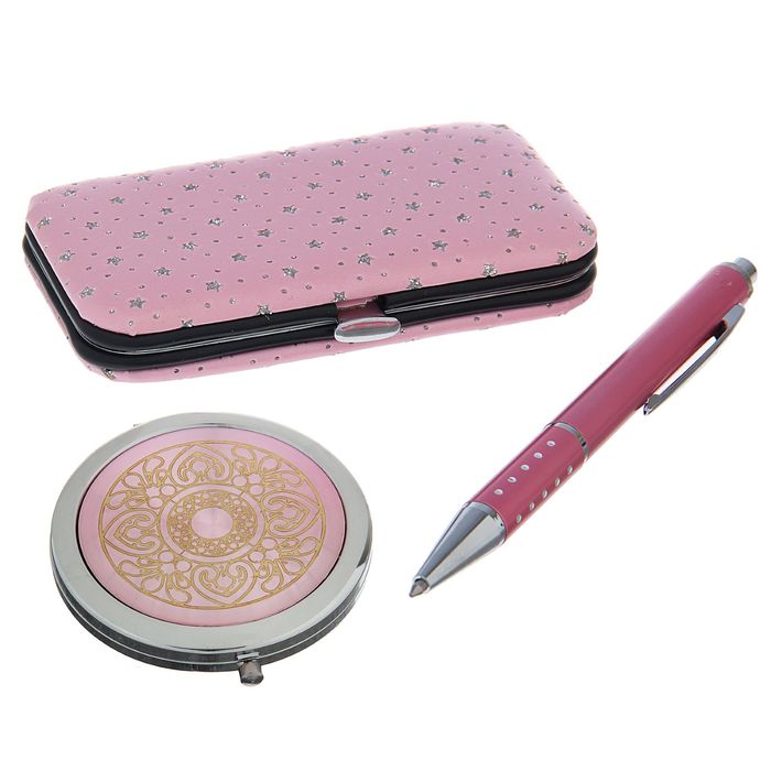 набор подарочный 3в1 в карт.коробке (ручка+зеркало микс+ набор маникюрн) розовый 14*20см