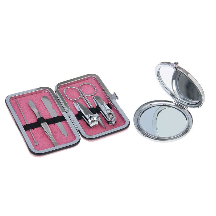 набор подарочный 3в1 в карт.коробке (ручка+зеркало микс+ набор маникюрн) розовый 14*20см