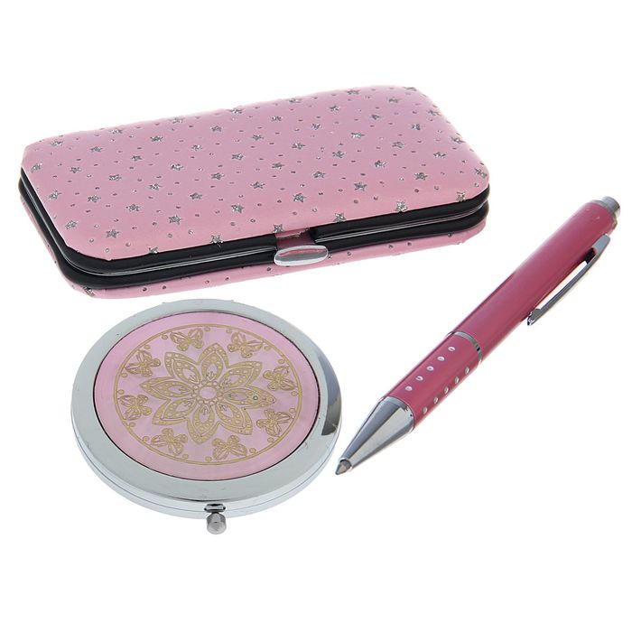 набор подарочный 3в1 в карт.коробке (ручка+зеркало микс+ набор маникюрн) розовый 14*20см