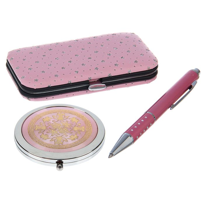 набор подарочный 3в1 в карт.коробке (ручка+зеркало микс+ набор маникюрн) розовый 14*20см