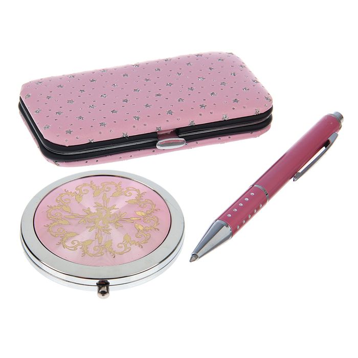 набор подарочный 3в1 в карт.коробке (ручка+зеркало микс+ набор маникюрн) розовый 14*20см