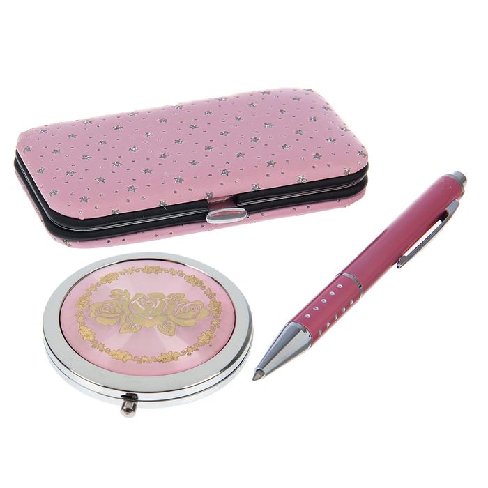 набор подарочный 3в1 в карт.коробке (ручка+зеркало микс+ набор маникюрн) розовый 14*20см