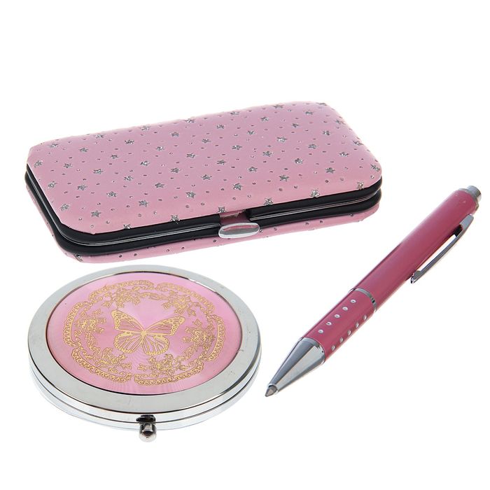 набор подарочный 3в1 в карт.коробке (ручка+зеркало микс+ набор маникюрн) розовый 14*20см