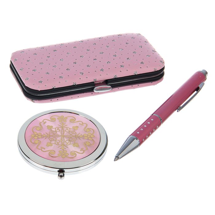набор подарочный 3в1 в карт.коробке (ручка+зеркало микс+ набор маникюрн) розовый 14*20см