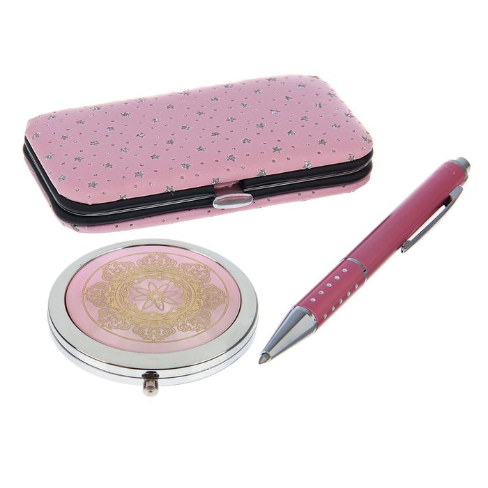 набор подарочный 3в1 в карт.коробке (ручка+зеркало микс+ набор маникюрн) розовый 14*20см