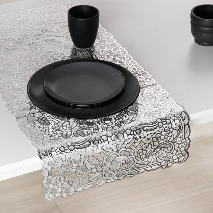 Салфетка ажурная ПВХ 40х84 см "Королева роз", цвет серебро