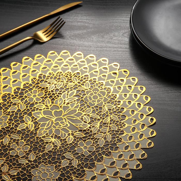 Салфетка ажурная ПВХ 45х30 см "Пионы", цвет золото