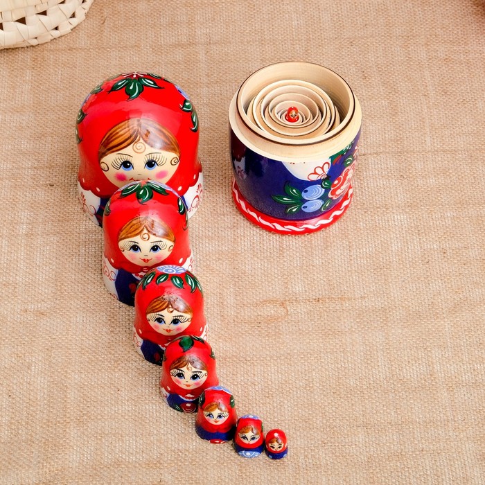 Матрёшка «Птица на фартуке», красный платок, 8 кукольная, 19 см