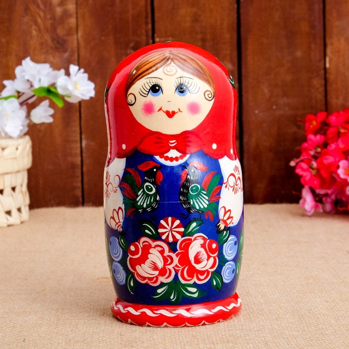 Матрёшка «Птица на фартуке», красный платок, 8 кукольная, 19 см