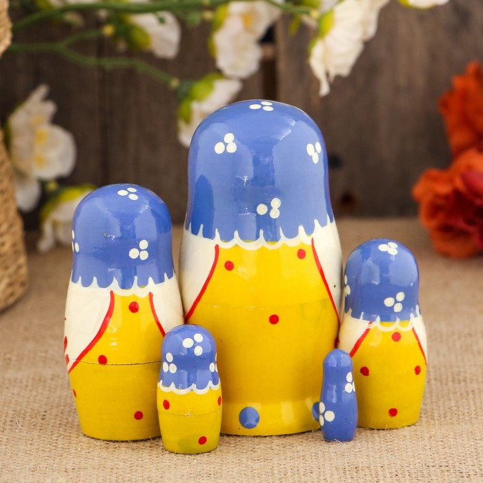 Матрёшка «Птица», голубой платок, 5 кукольная, 10 см, микс