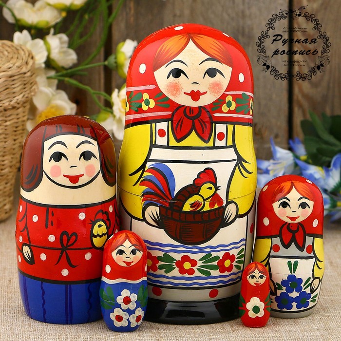 Матрёшка «Петушок в корзинке», красный платок, 5 кукольная, 17 см