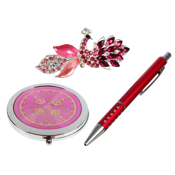 Подарочный набор, 3 предмета в коробке: ручка, заколка-лилия, зеркало