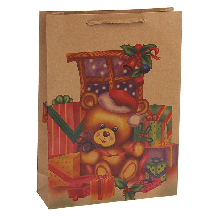 Пакет крафт "Новогодний мишка", 19 х 8 х 24 см
