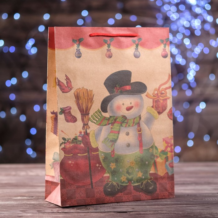 Пакет крафт "Снеговик", 24 х 33 х 8 см