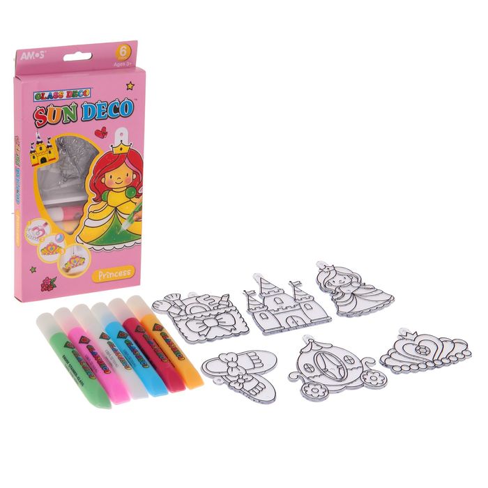 Набор витражных красок с витражами "Принцесса", 6 цветов по 10,5 мл + 6 мини витражей