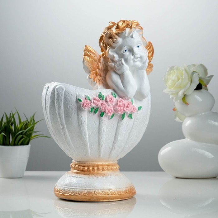 Фигурное кашпо "Ангел в вазе", бел.золотой 35см