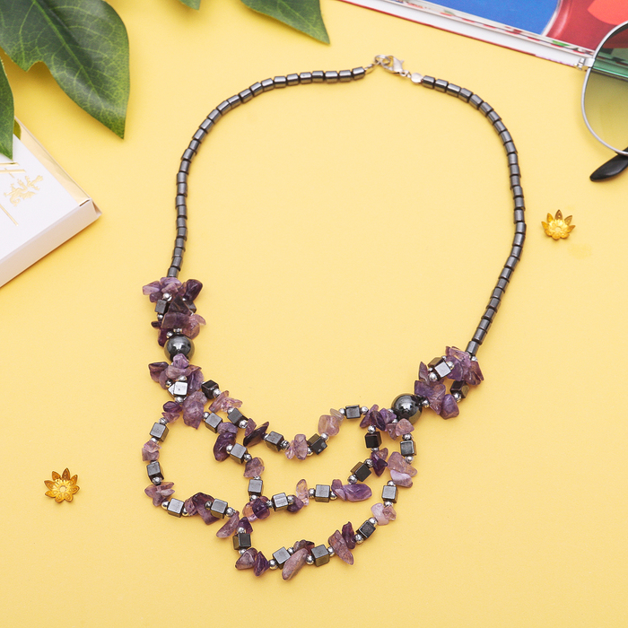 Бусы 3 яруса "Гематит с аметистом", 52см