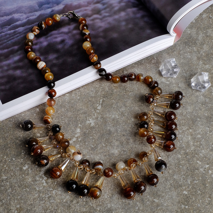 Колье льдинки "Агат чёрный с хрусталём", 40 см