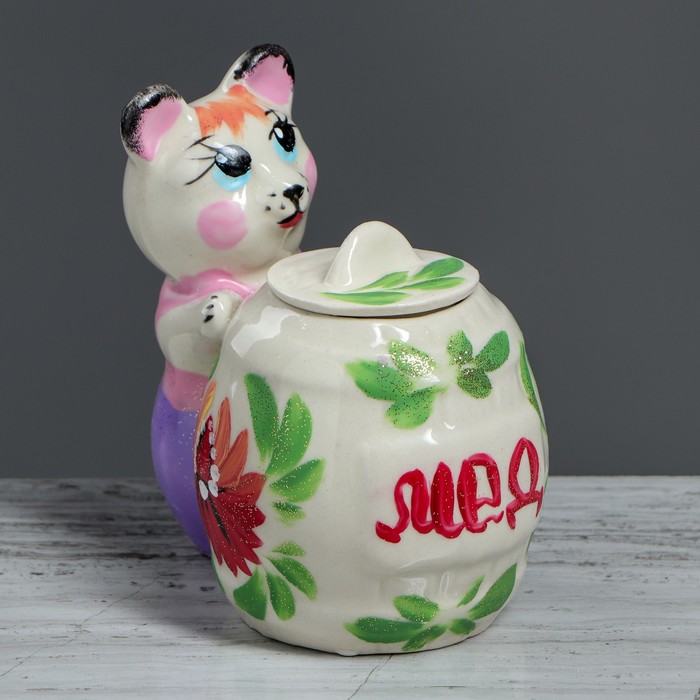 Медовница "Медведь с бочкой" малая, белый с цветком, 200 мл