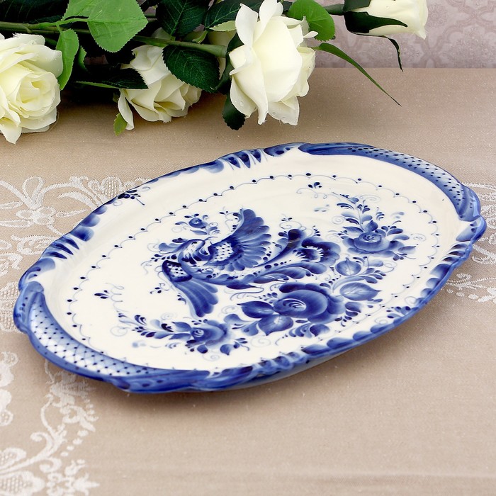 Поднос «Птица», гжель, кобальт