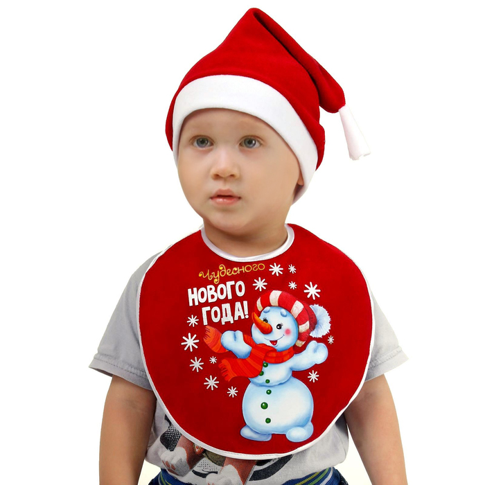 Набор новогодний "Снеговик", велюр, колпак, слюнявчик, 1-3 года