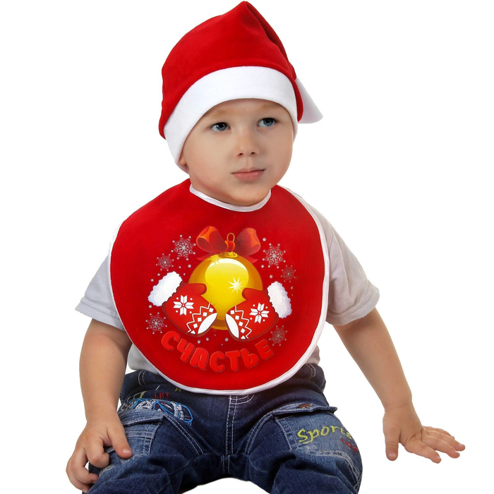 Набор новогодний "Счастье", велюр, колпак, слюнявчик, 1-3 года