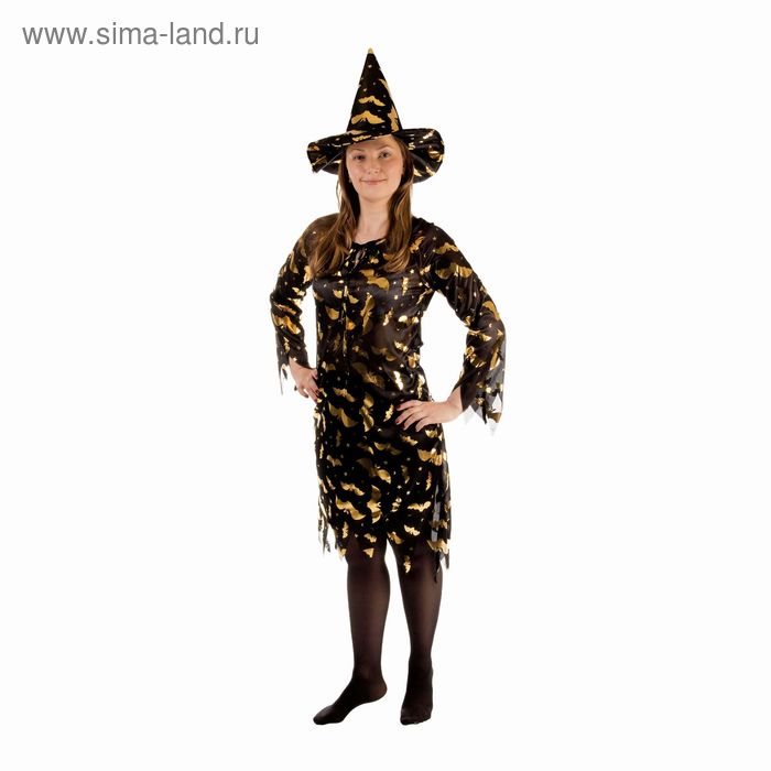 фото Карнавальный костюм «ведьма», платье приталенное, шляпа, золото на чёрном, р. 42-44 страна карнавалия