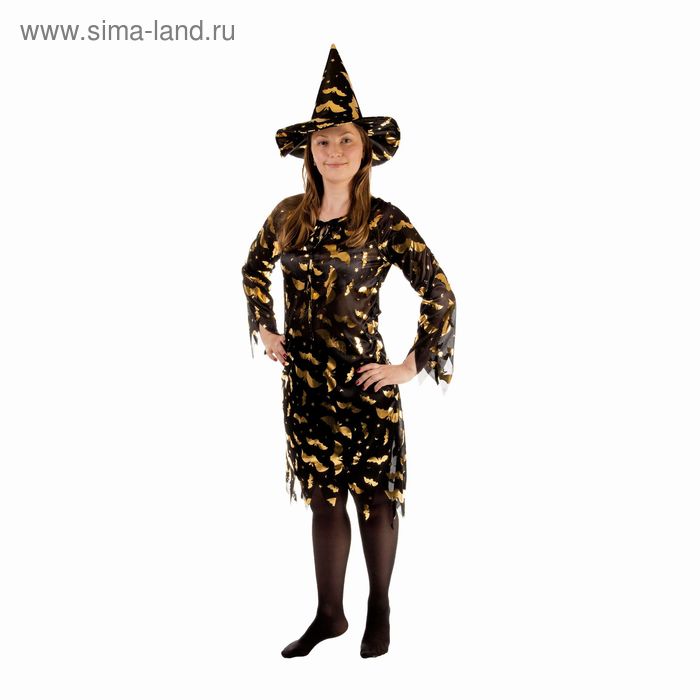 фото Карнавальный костюм «ведьма», платье приталенное, шляпа, золото на чёрном, р. 46-48 страна карнавалия