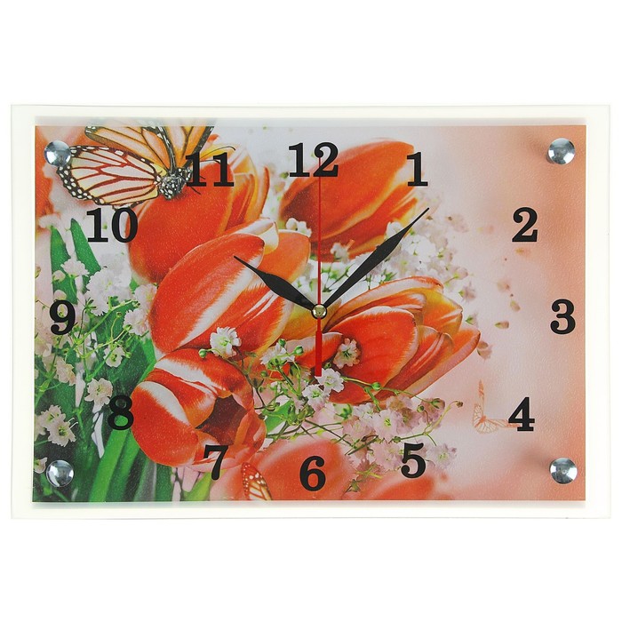 Часы настенные прямоугольные "Красные тюльпаны", 25х35 см микс