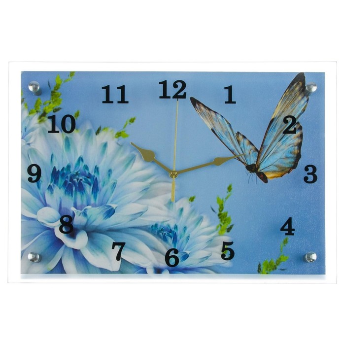 Часы настенные, серия: Цветы, Голубые цветы и бабочка, 25х35 см