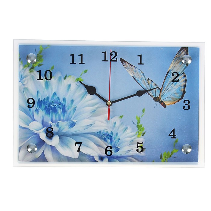 Часы настенные, серия: Цветы, Бабочка и голубые цветы, 20х30 см