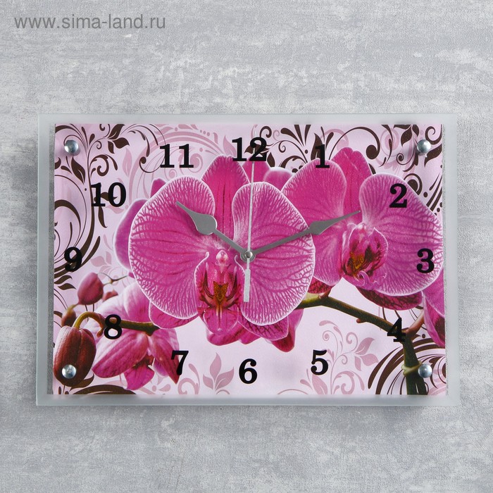 Часы-картина настенные, серия: Цветы, Розовые орхидеи с узором, 25 х 35 см