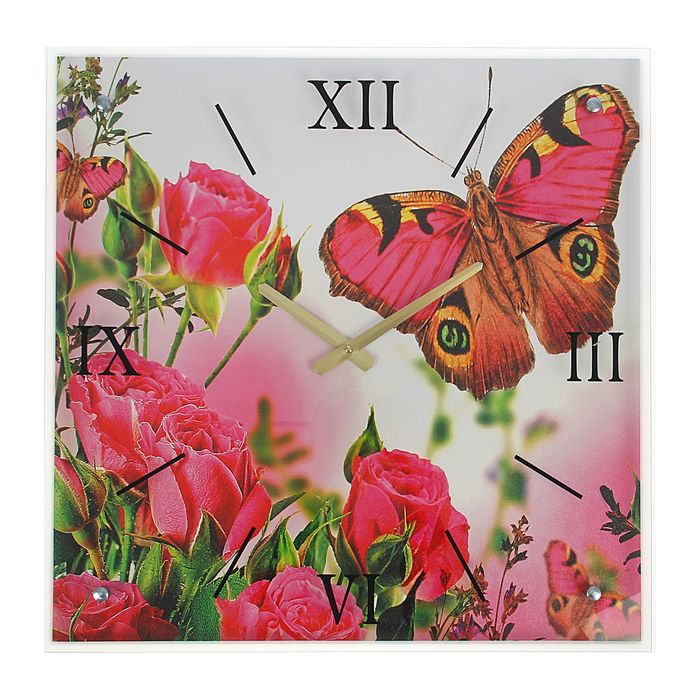 Часы настенные прямоугольные "Бабочка на розах", 50х50 см микс