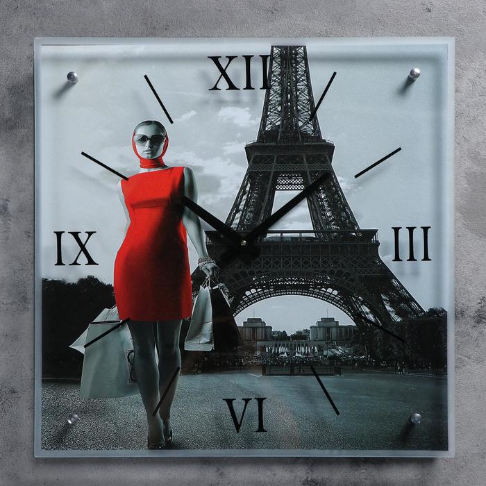 фото Часы настенные, серия: люди, "девушка в красном платье в париже", 50х50 см сюжет