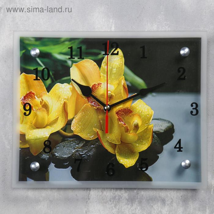 фото Часы настенные, серия: цветы, "желтые орхидеи на камнях", 20х25 см, микс сюжет
