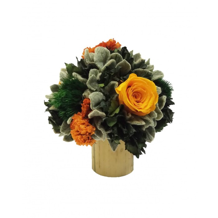 Декоративная композиция "Лимб" с ножкой из бамбука, чистец, розы, 13 х 13 х 15 см, оранжевый