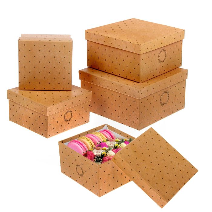 Набор коробок 5 в1 квадрат «Крафтовый», 14х14х8 / 16х16х9/ 18х18 х10/ 20х20 х11/ 22х22х12см.