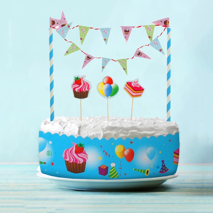 Набор для торта "Сладкий праздник" 1 гирлянда, пики 3 шт. лента для торта 1 шт.100 см (д. 30 см)