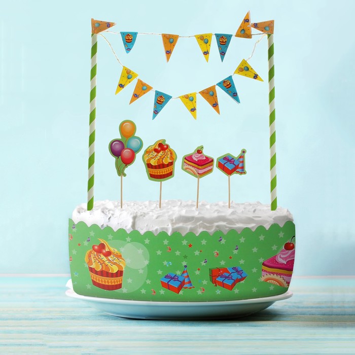 Набор для торта "Вкусный праздник" 1 гирлянда, пики 3 шт. лента для торта 1 шт.100 см (д. 30 см)