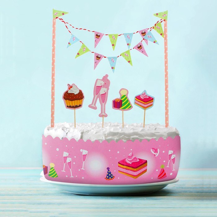 Набор для торта "Сластена" 1 гирлянда, пики 4 шт. лента для торта 1 шт.100 см (д. 30 см)