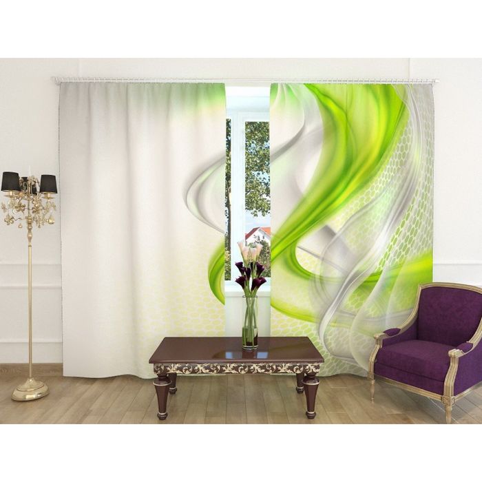 Фотошторы "Зелёная абстракция", ширина 150 см, высота 260 см, 2 шт, шторная лента, блэкаут